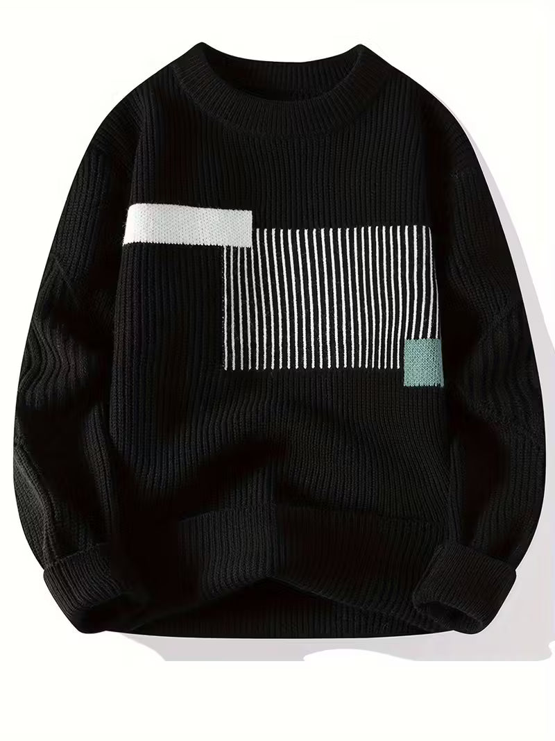 Swebet Men’s Geometric Pattern Sweater – Casual Crew Neck Pullover